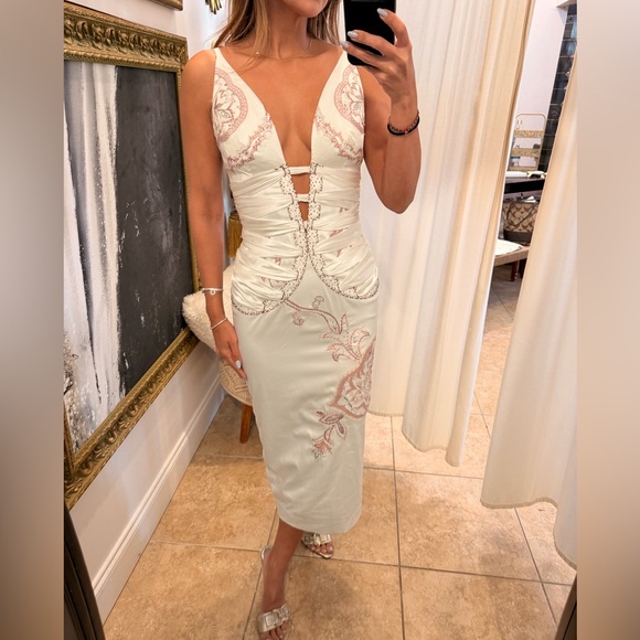 Mandalay Dresses & Skirts - Ivory Lace-Accent Midi Dress with Plunge Neck